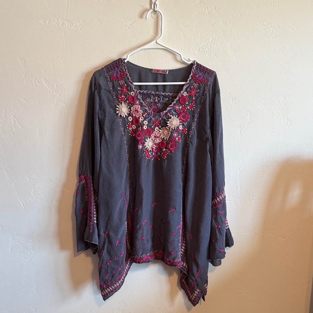 Johnny Was Charcoal Tunic with Pink and Purple Floral Embroidery